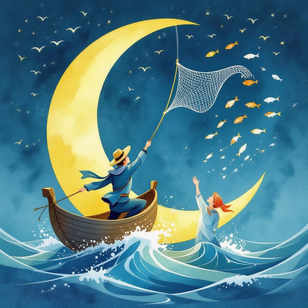 Sailor on Moon Casts Net on Waving Sea in Watercolor