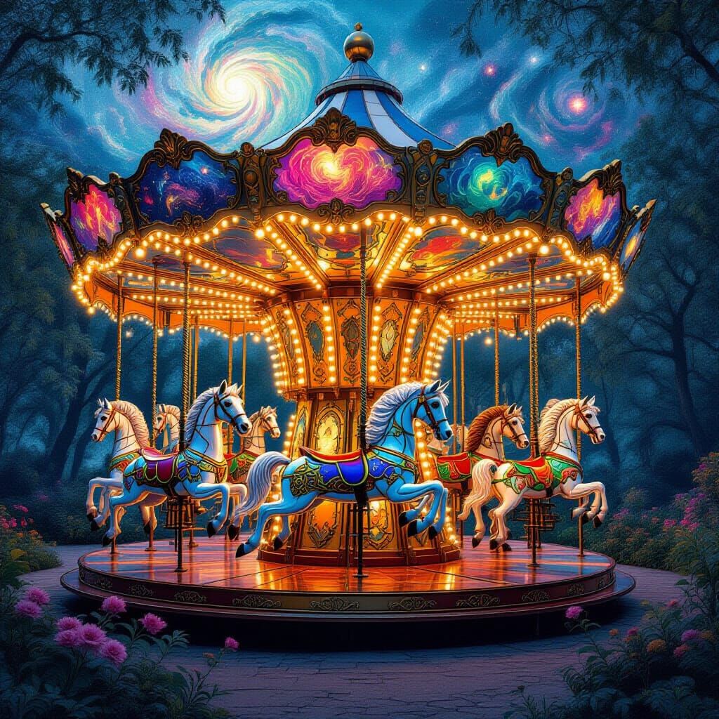 Steampunk Carousel with Stained Glass Horses