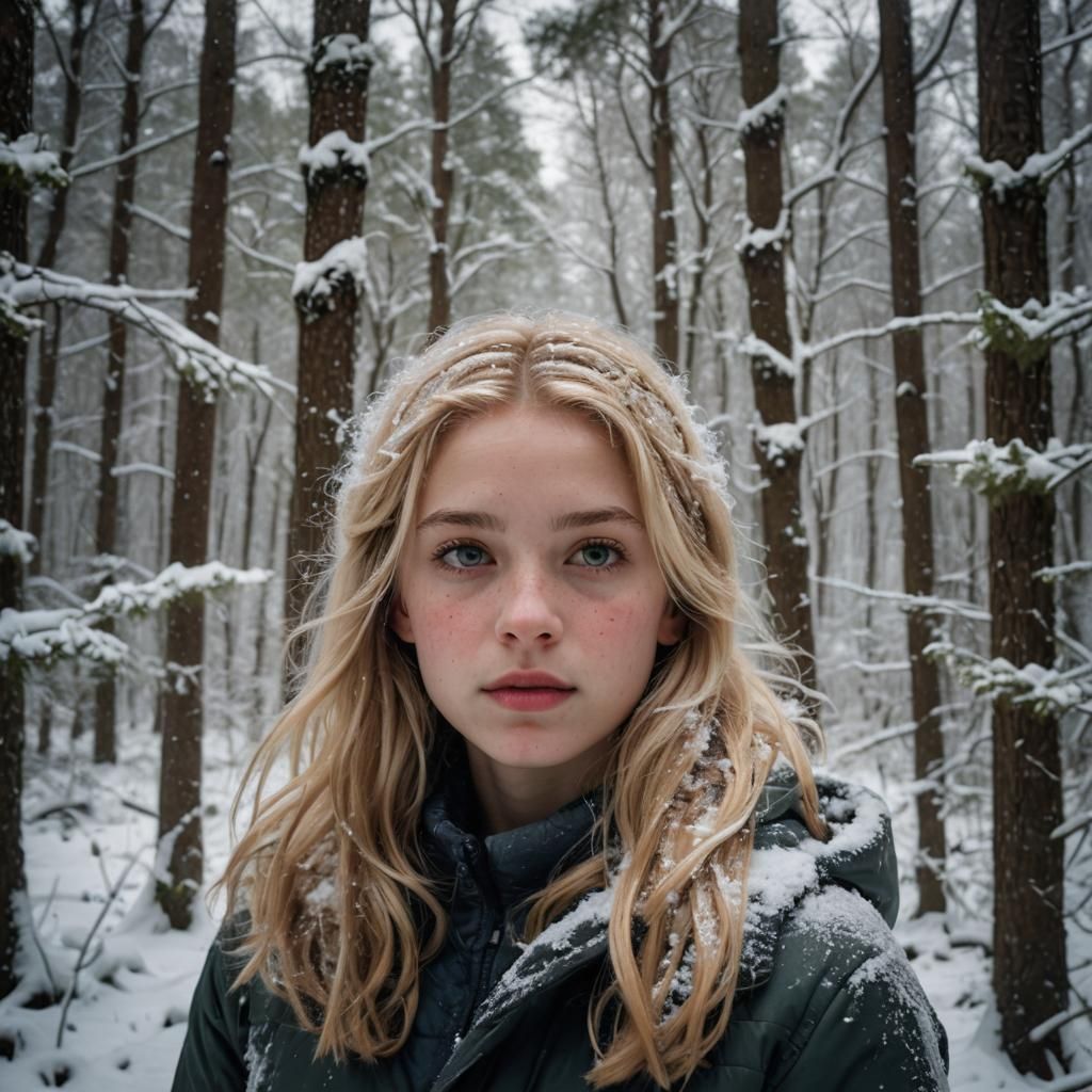 Hyperrealistic Portrait of Girl in Winter Forest