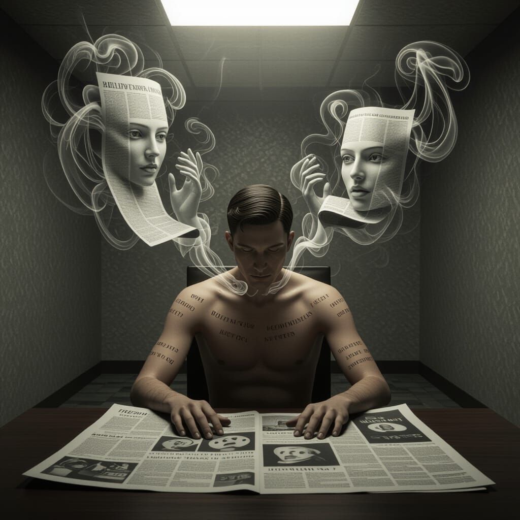 Sentient Newspaper in Dimly Lit Room, Surreal HDR