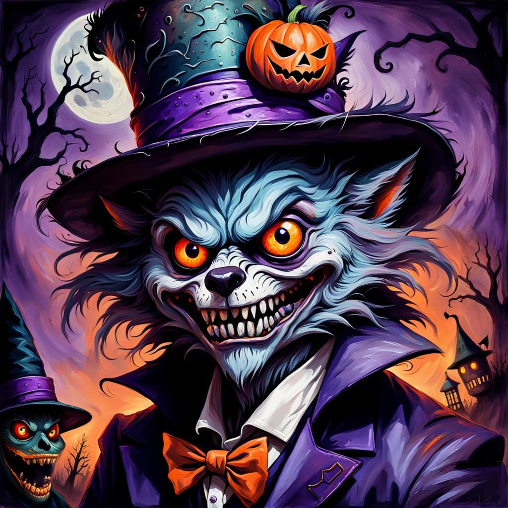 Surreal Halloween Werewolf Hatter in Oil Painting Style