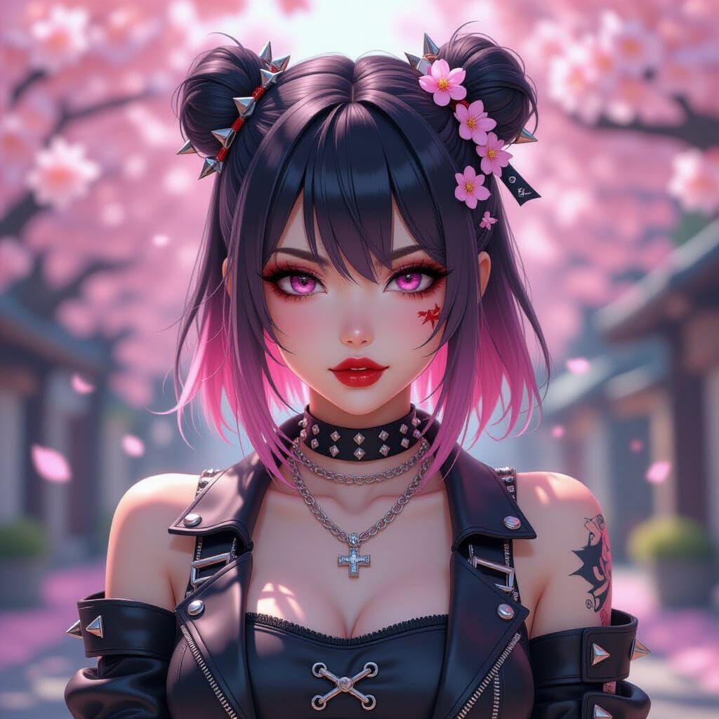 Pink-Haired Punk Anime Girl with Cherry Blossoms