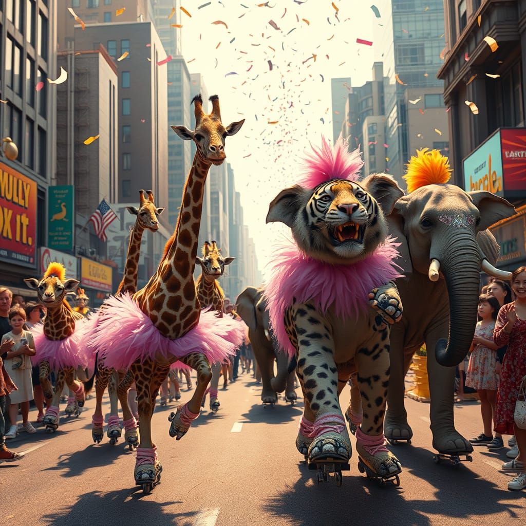 Surreal City Parade in Vibrant Hyper-Realism