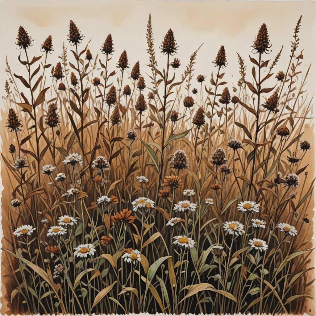 Flora, meadow seedheads shades of burnt umber
