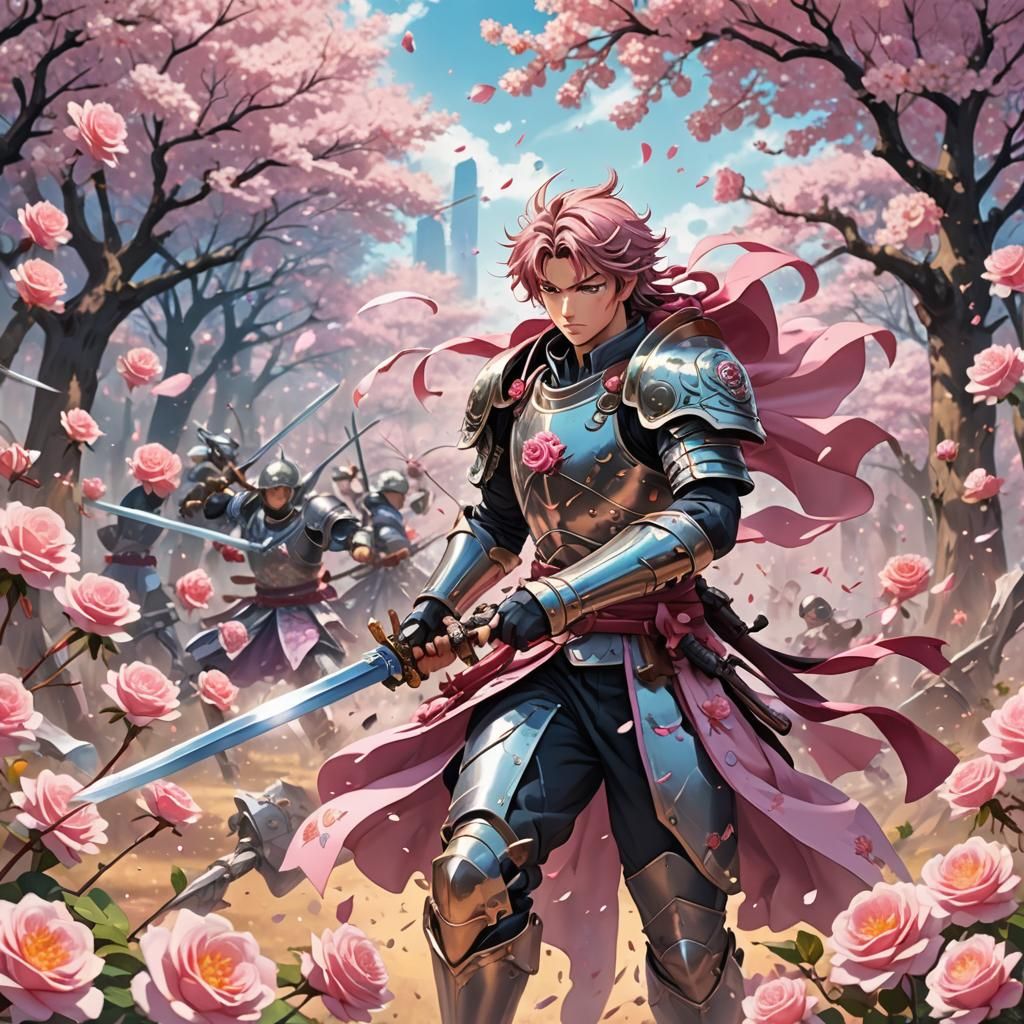 Anime Warrior in Rose Petal Battle Scene