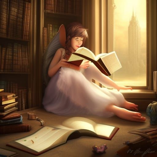 Mischievous Fairy Reads in Library: Detailed Digital Art
