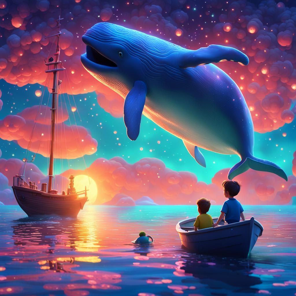 Whale and Boy Under Fluorescent Stars: 3D Render