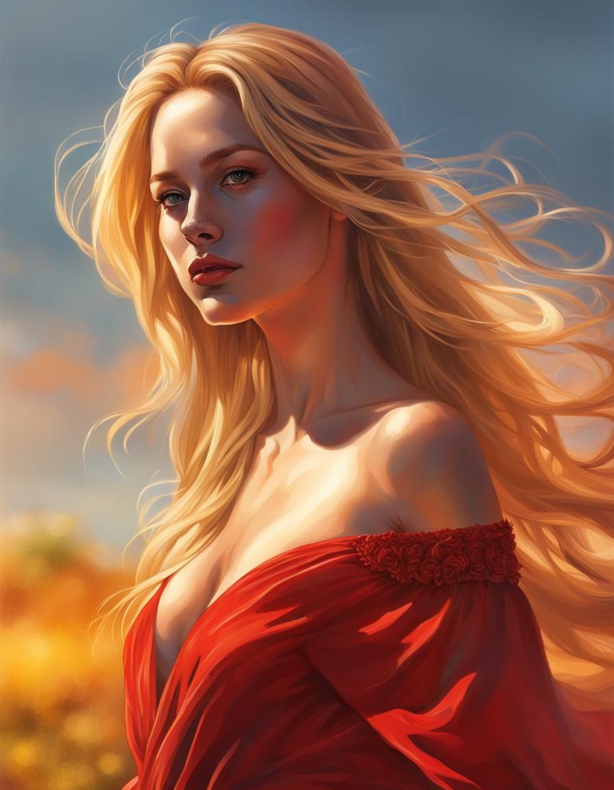 Woman in Red Dress, Hyperrealistic Digital Art