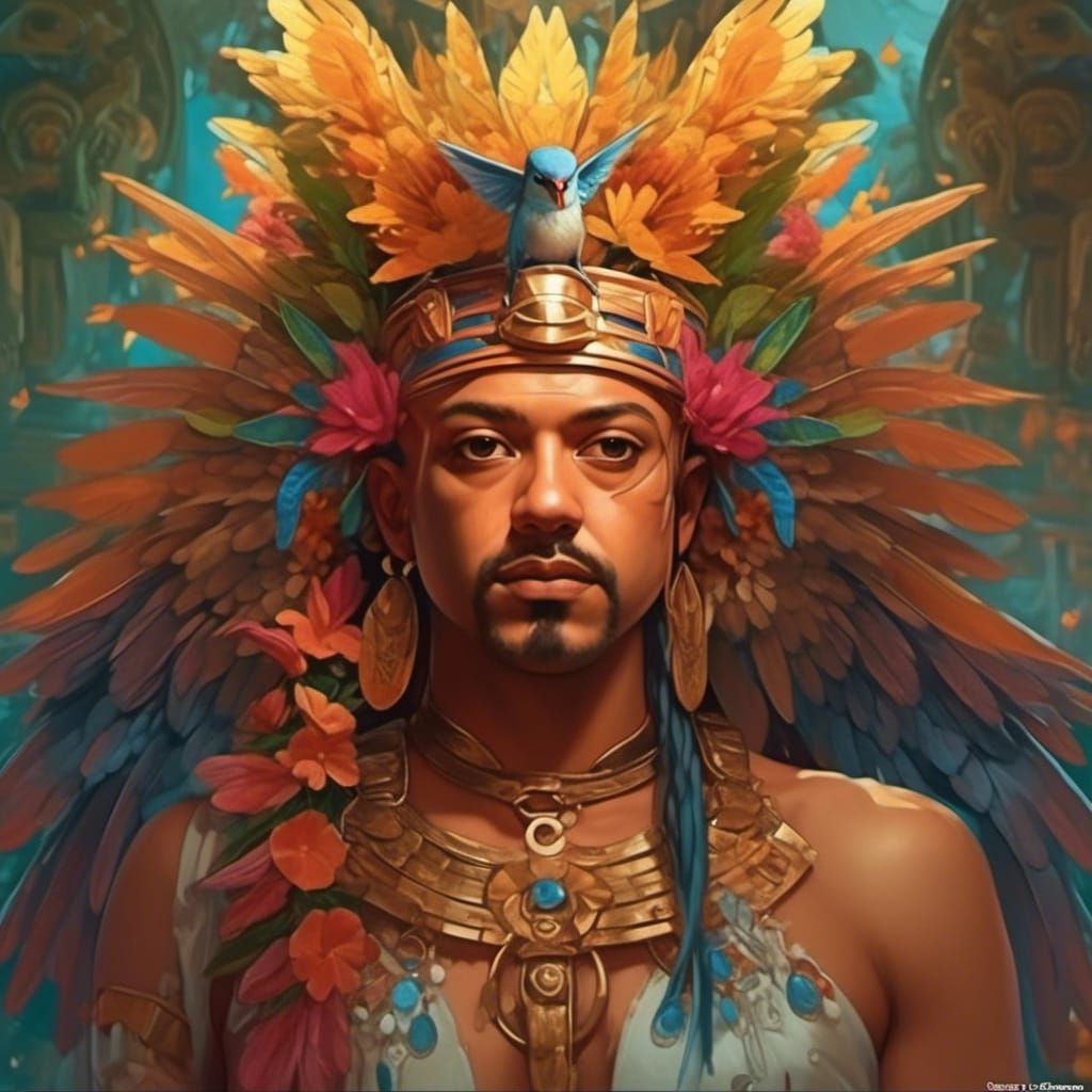 Huitzilopochtli Portrait with Rainbow Hummingbird