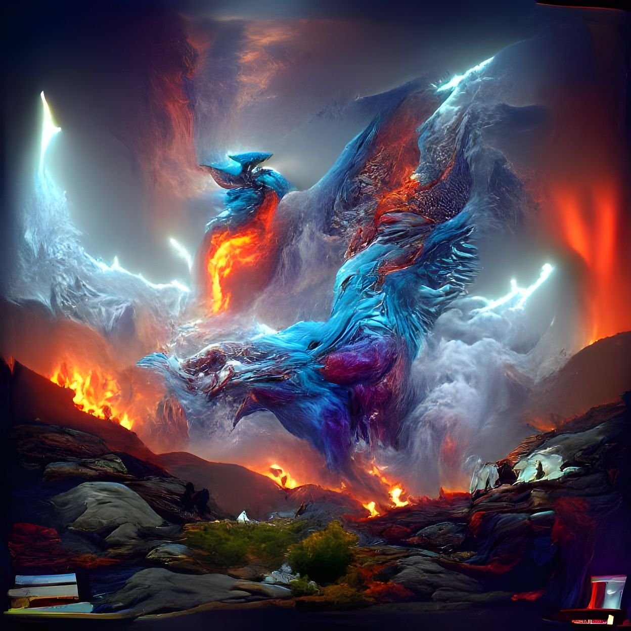 Winged Dragon Emerges in Technicolor Lightning Storm