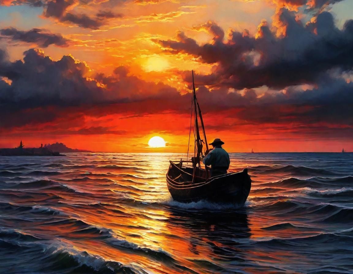 Fisherman Sunset Impasto Oil Painting in High Resolution