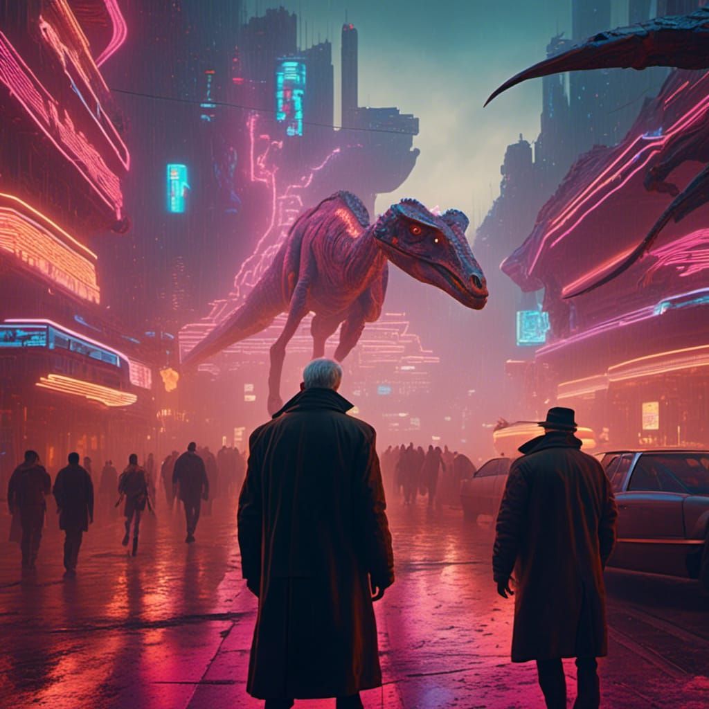 Darwin and Dinosaurs in Cyberpunk Cityscape