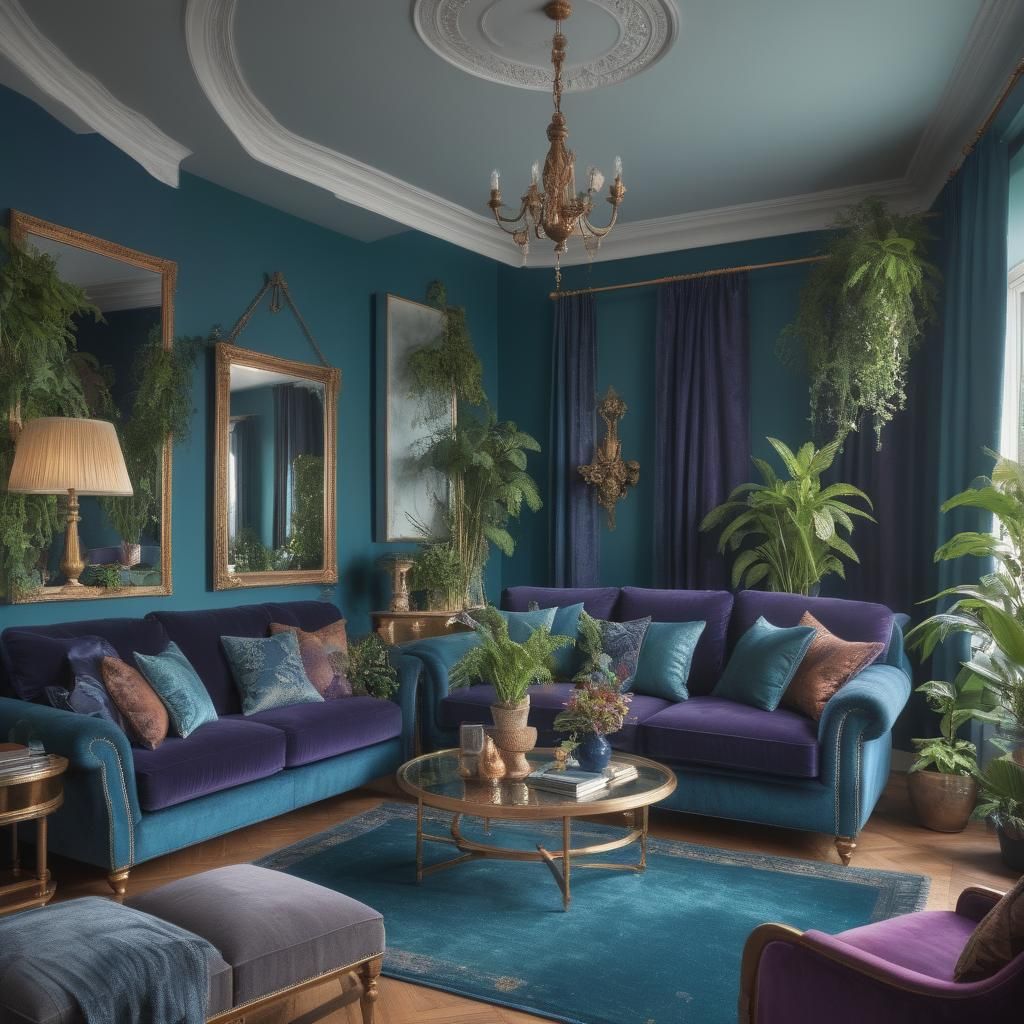 Create living room decor. Teal walls, deep purple sofa & cur...