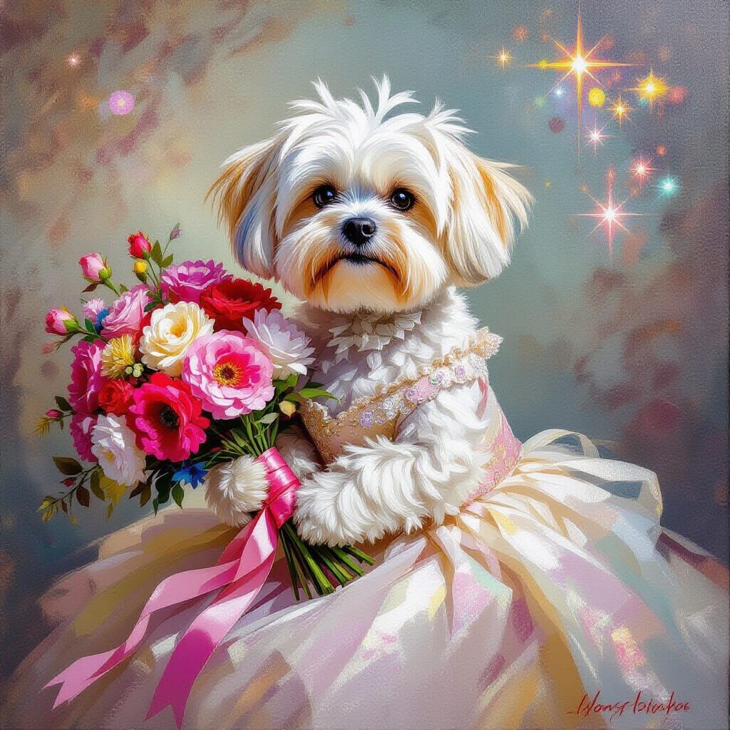 Maltese Dog in Gossamer Gown with Pink Bouquet, Oil Painting