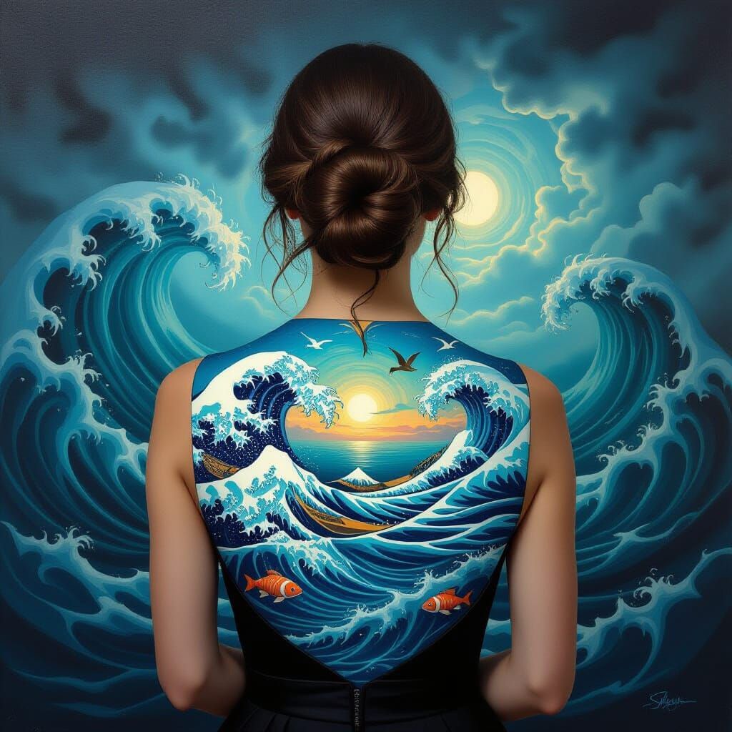 Fantasy Seascape Painting Adorns Woman's Back