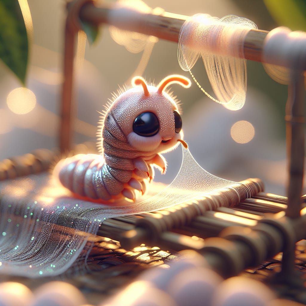 Meticulous Silk Worm Weaves Luxurious Fabric in Soft Light