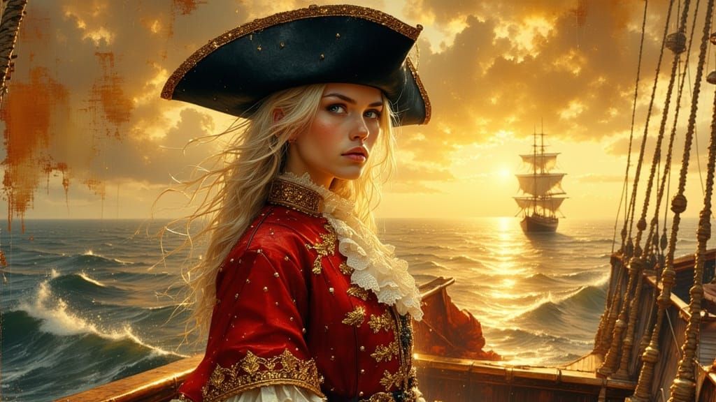 Beautiful Pirate Captain on Ship Deck at Sunset