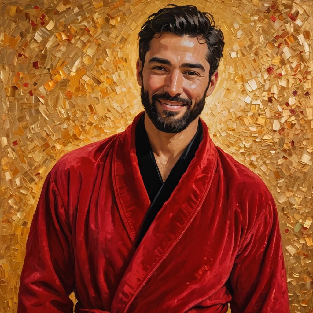 Smiling Man in Red Robe as Impasto Oil Painting