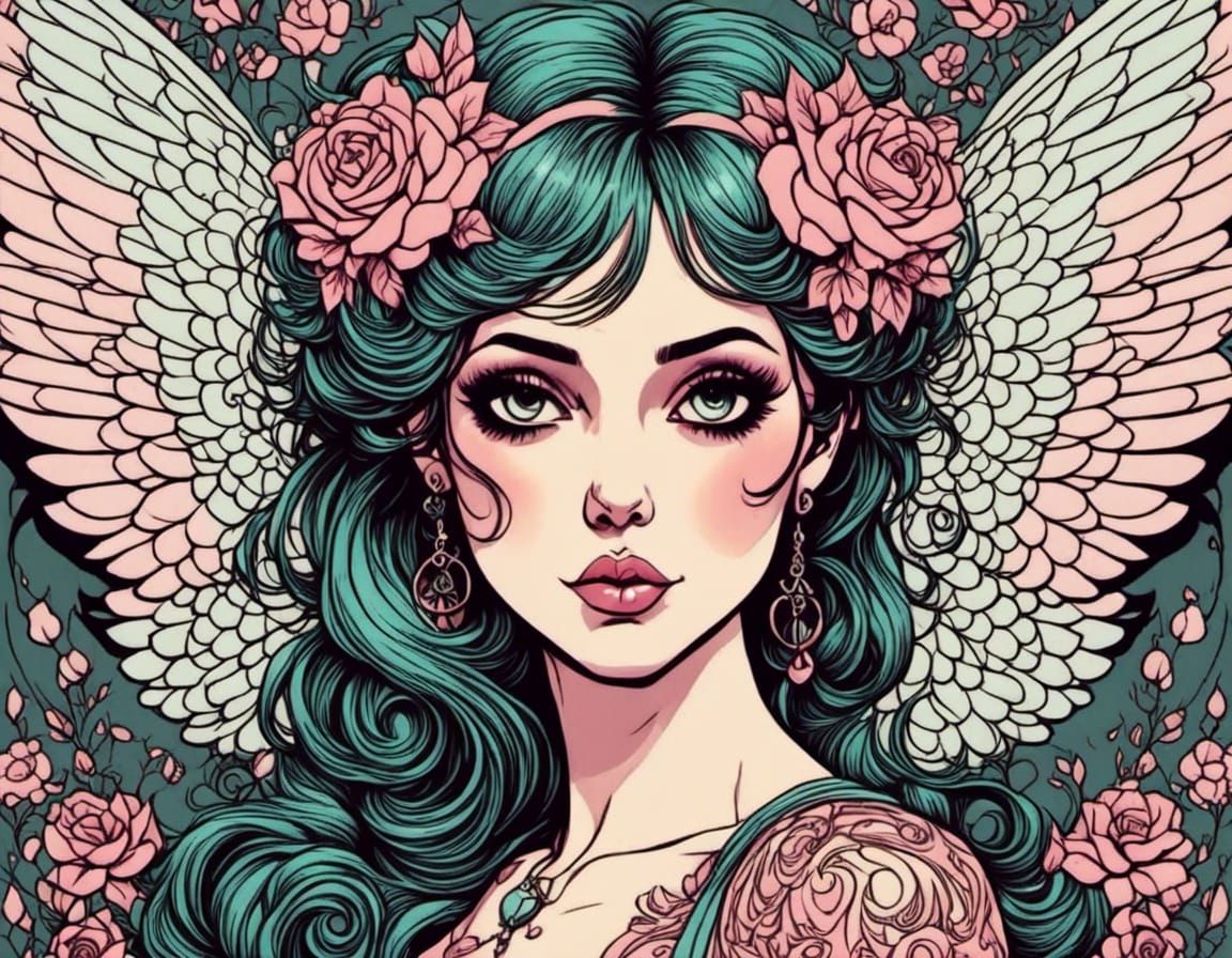 Pastel Fairy with Intricate Wings in Linocut Style