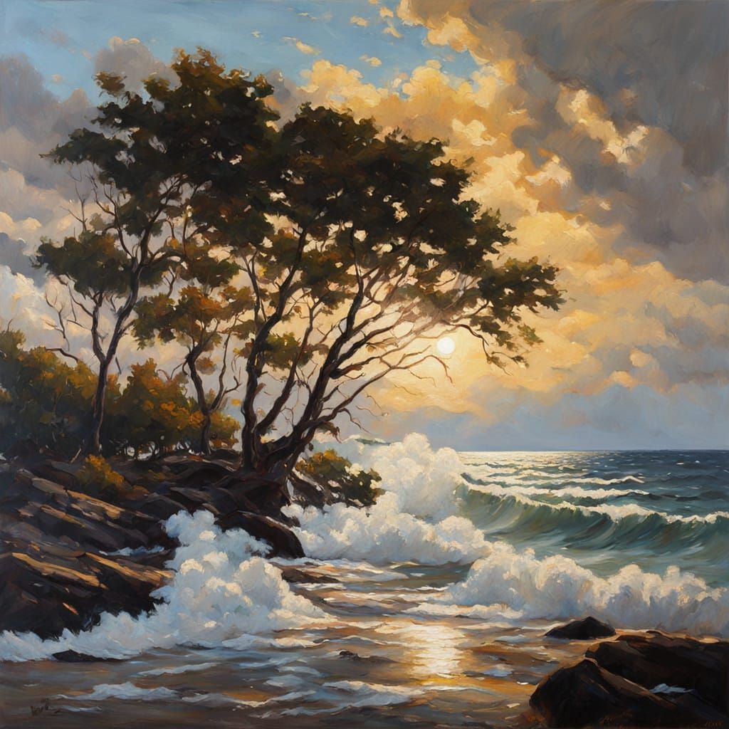Dramatic Seascape Oil Painting with Dark Trees