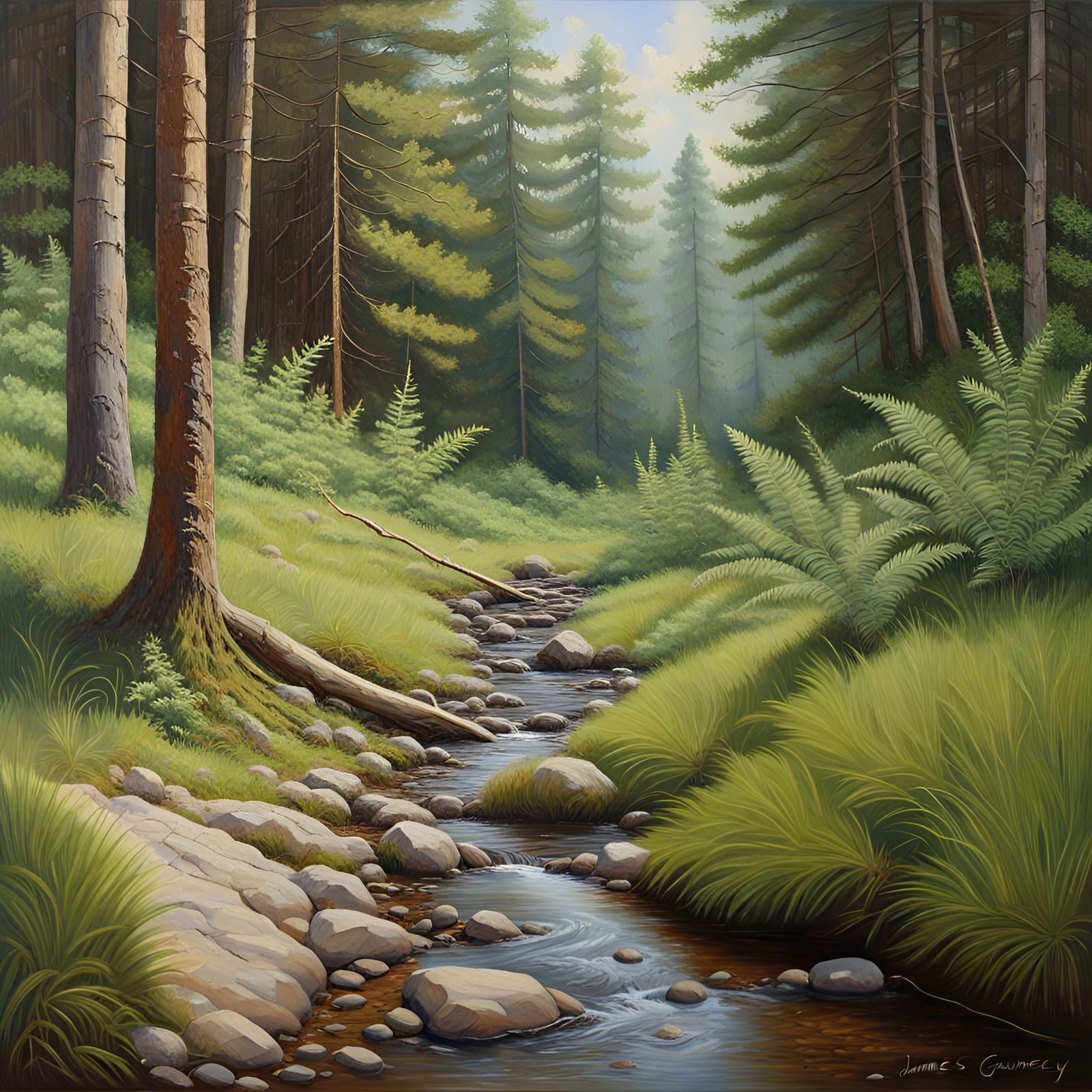 Forest Stream: A Realistic Oil Painting