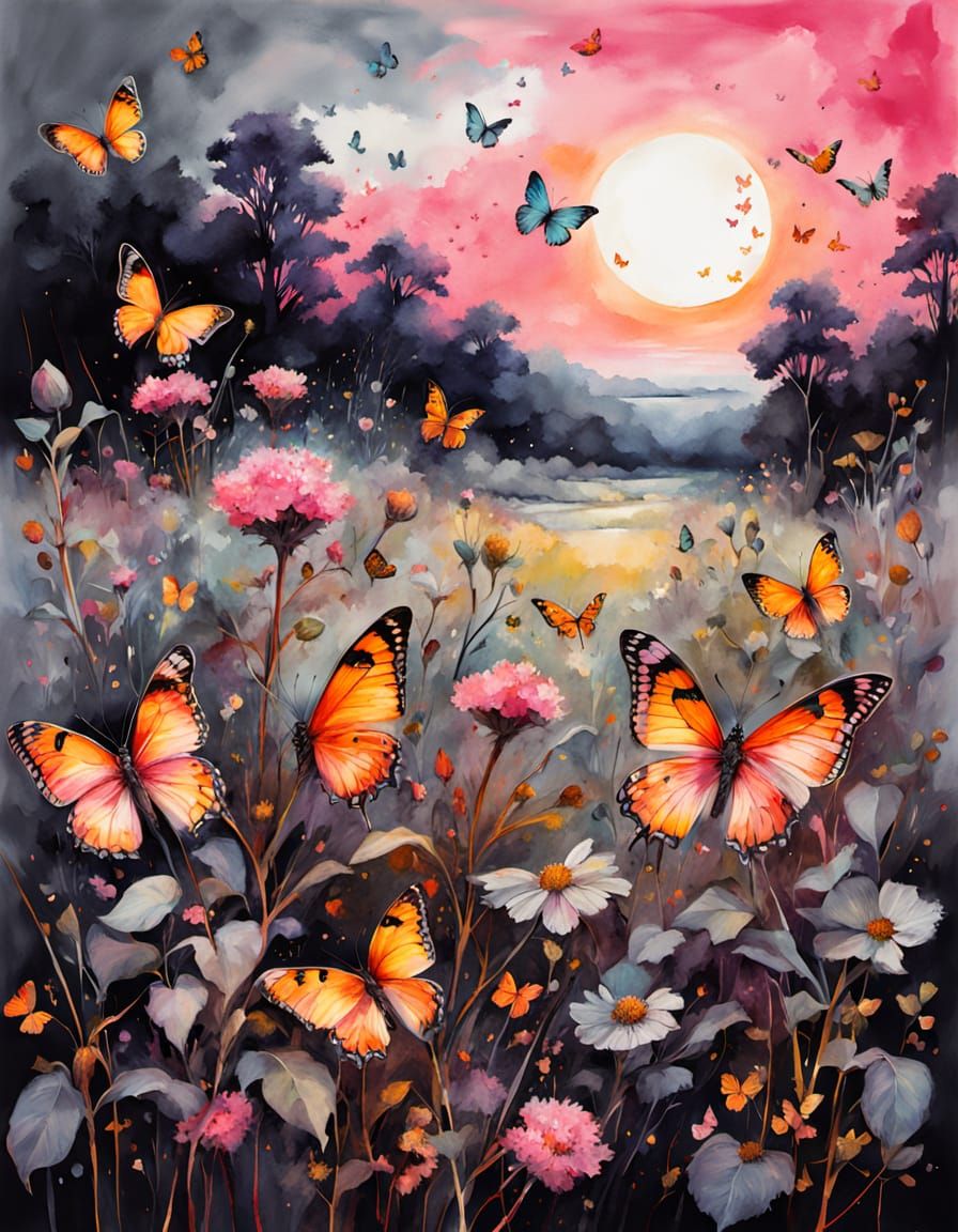 A meadow filled with glowing, otherworldly butterflies at tw...