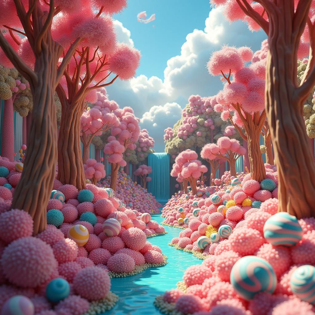 Candy Forest with Chocolate Waterfall: Digital Illustration