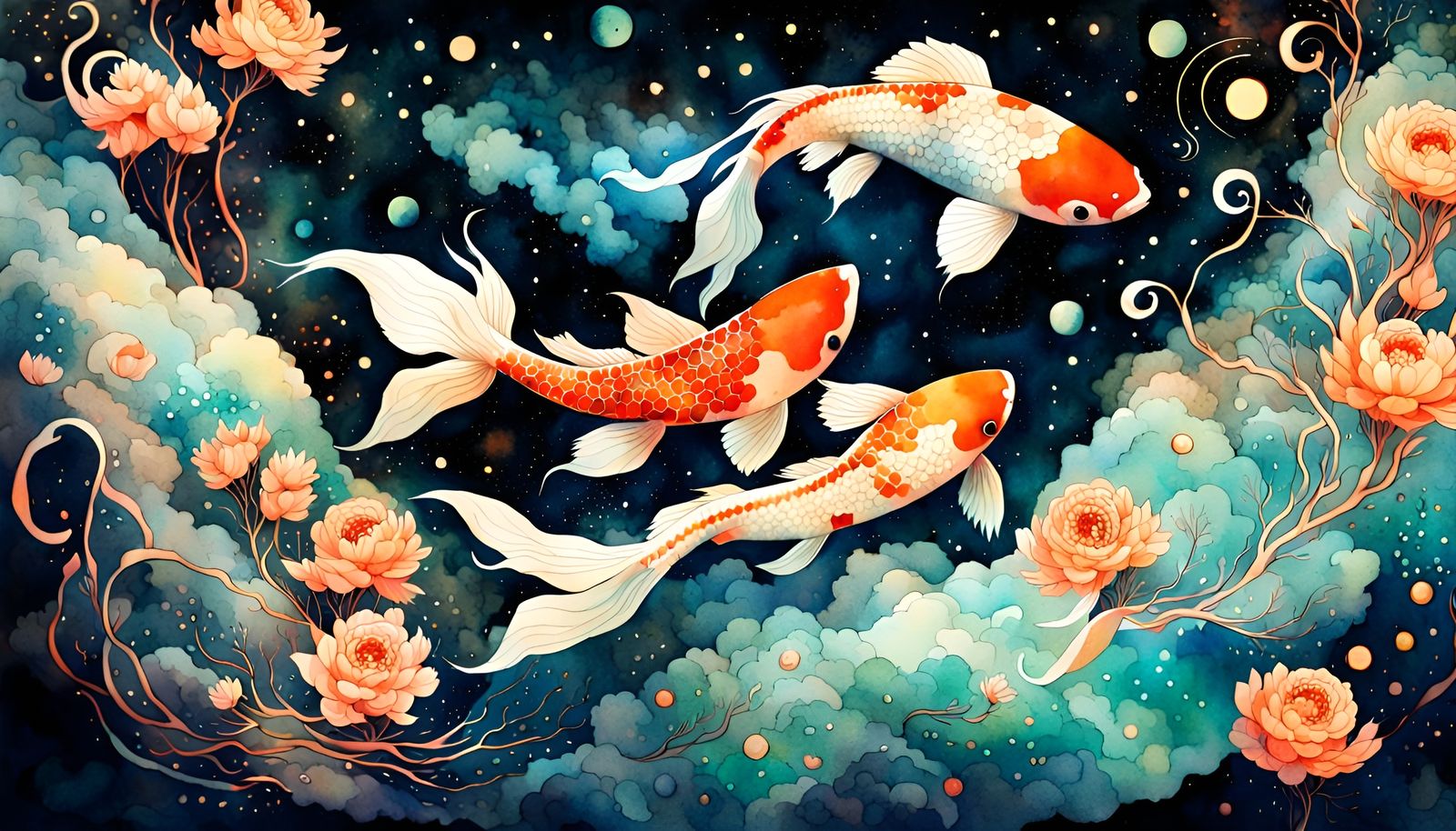 Galactic Koi Fish in Watercolor Painting Style