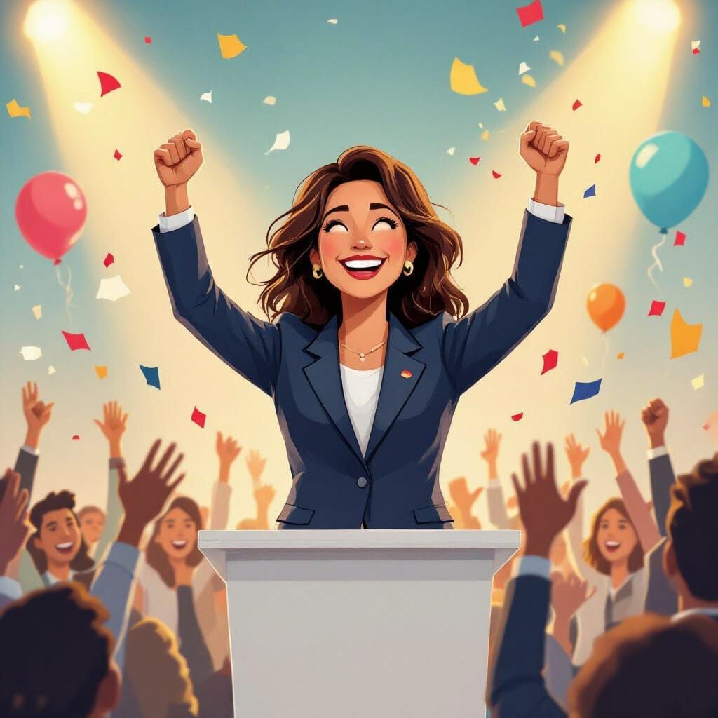 Triumphant Politician Celebrates Election Victory on Podium