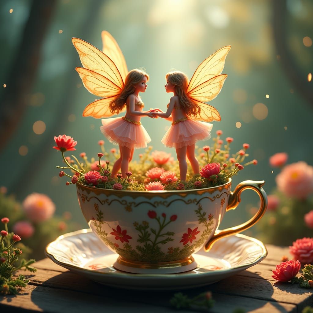 Fairies Dancing in Teacup Under Ethereal Fog