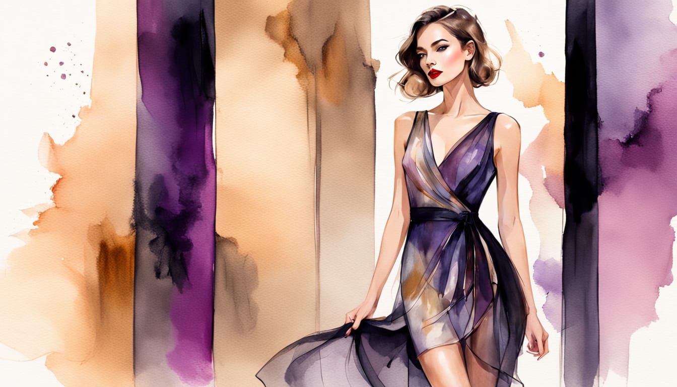 Elegant Woman in Chiffon Mini-Dress, Fashion Illustration St...