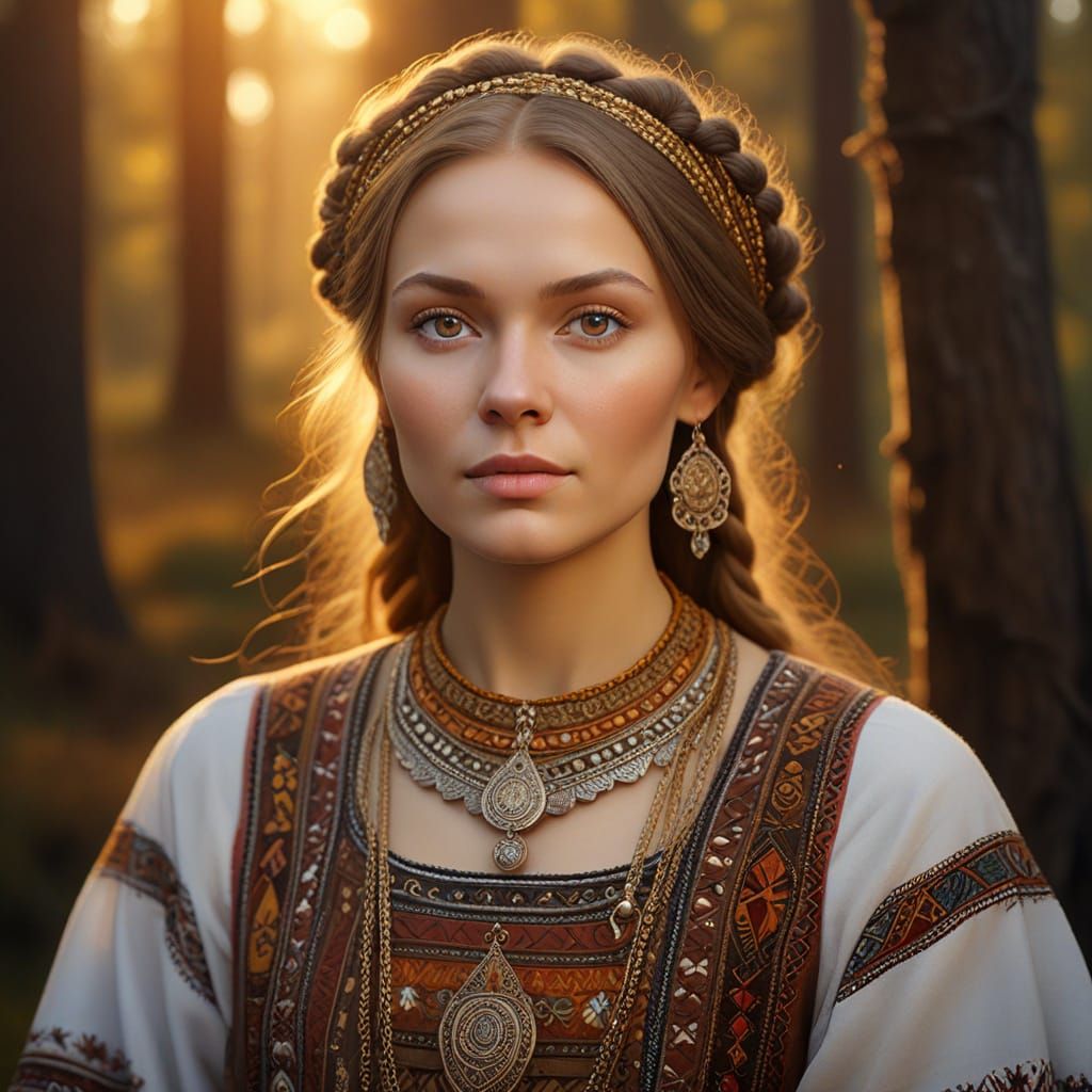 Slavic Woman in Traditional Dress: Oil Painting