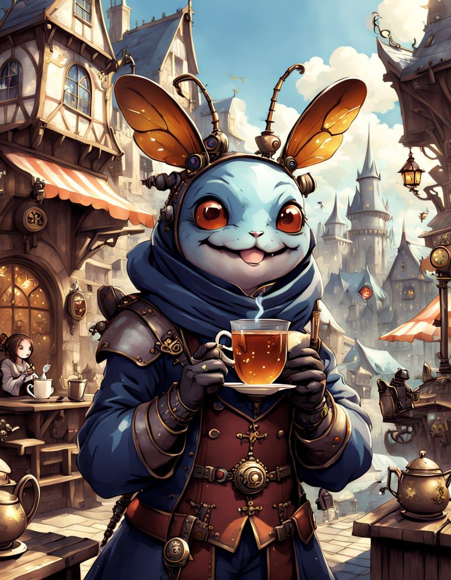 Cute Bug Sipping Tea in Steampunk City