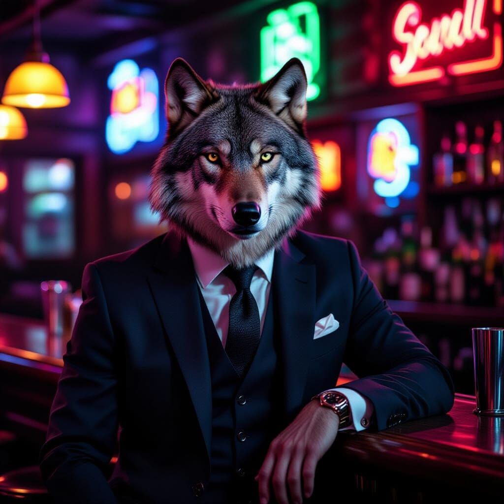 Suave Wolf at Neon Bar in Cyberpunk Style