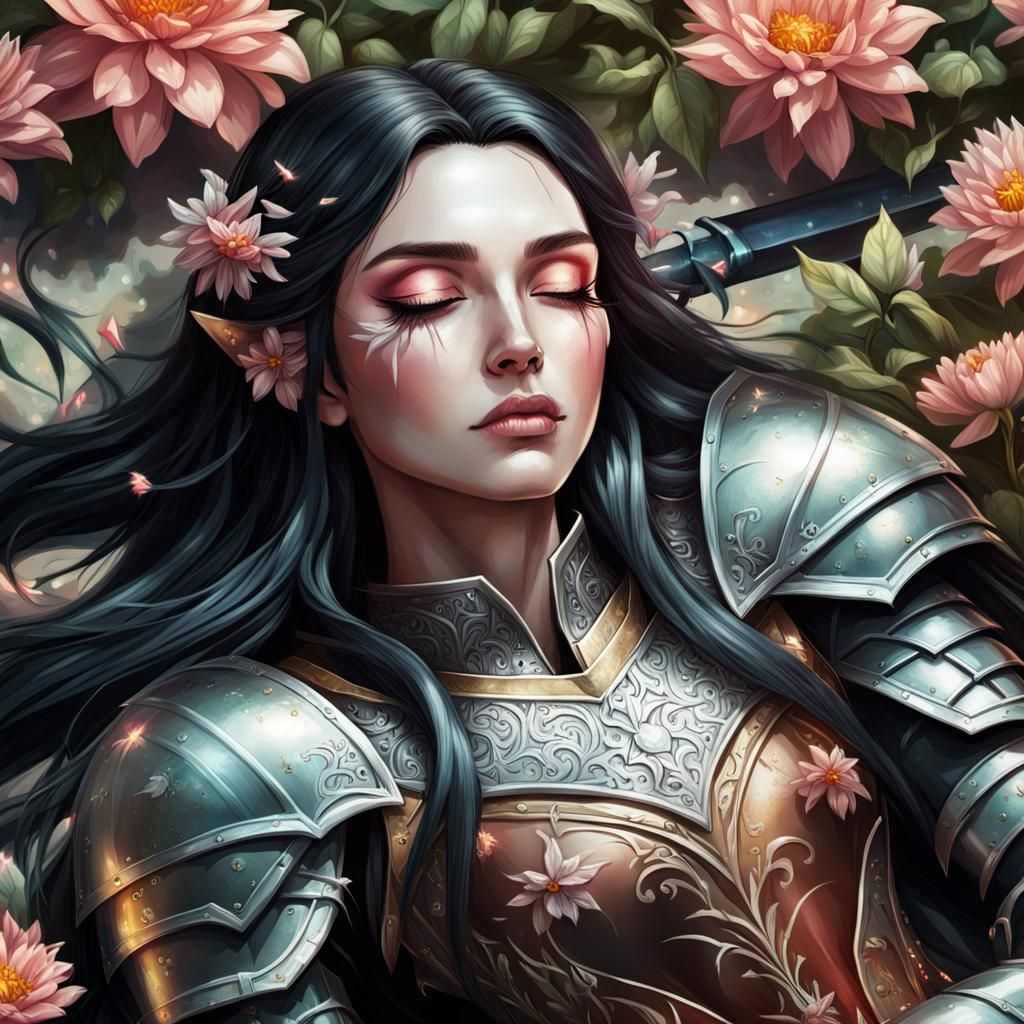 Female Knight with Sword Lying in Flower Field
