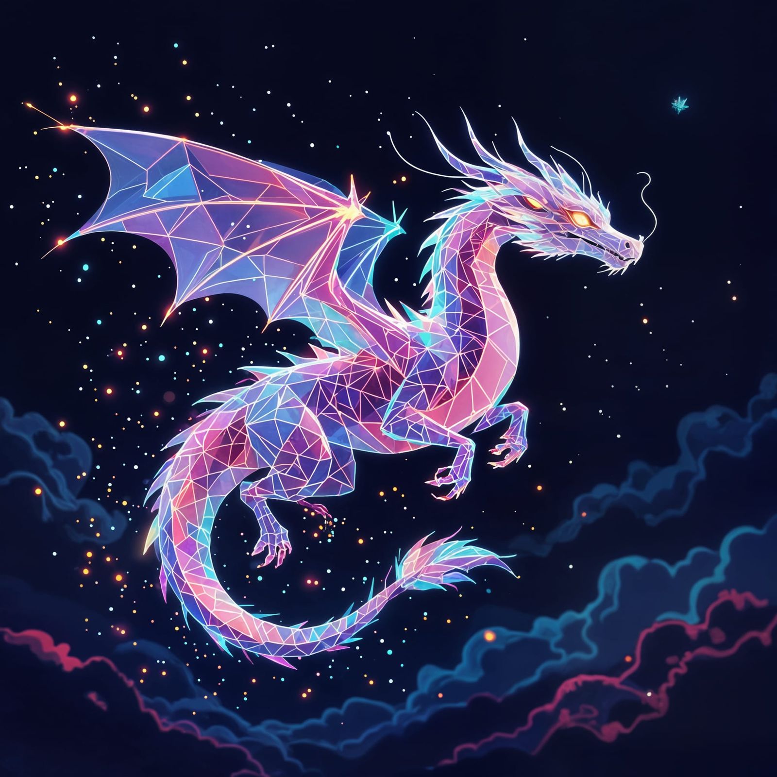 Neon Geometric Dragon in Flight: A Translucent Masterpiece