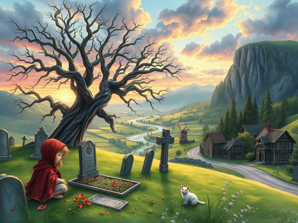 Girl Mourning in Cemetery, Pastel Watercolor Illustration