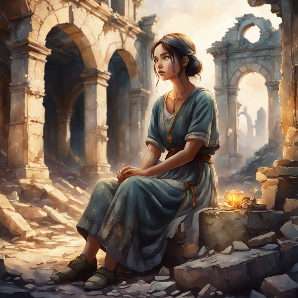 Nostalgic Lady in Ruins: Watercolor Concept Art