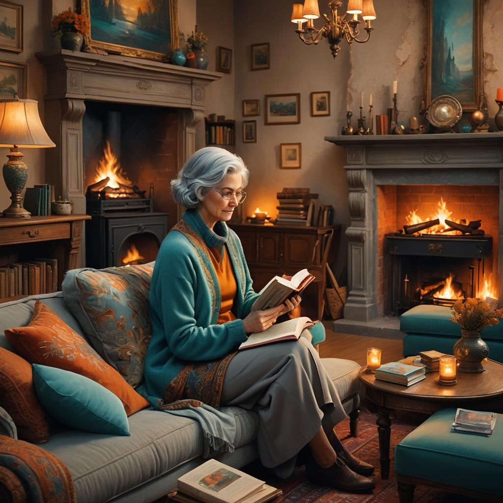 Woman in Cozy Study Amidst Warm Fireplace Glow