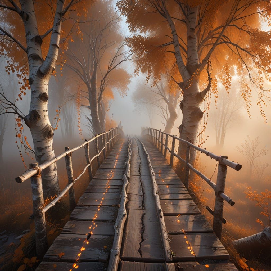 Mystical Foggy Bridge with Glowing Runes and Birch Trees