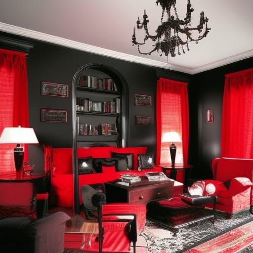 Dark fantasy penthouse with red walls with Black accents& Black Gothic windows with Red Gothic curtains& Black Gothic fu...