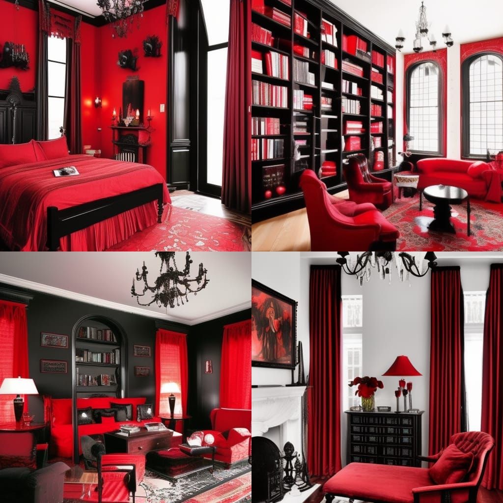 Dark fantasy penthouse with red walls with Black accents& Black Gothic windows with Red Gothic curtains& Black Gothic fu...