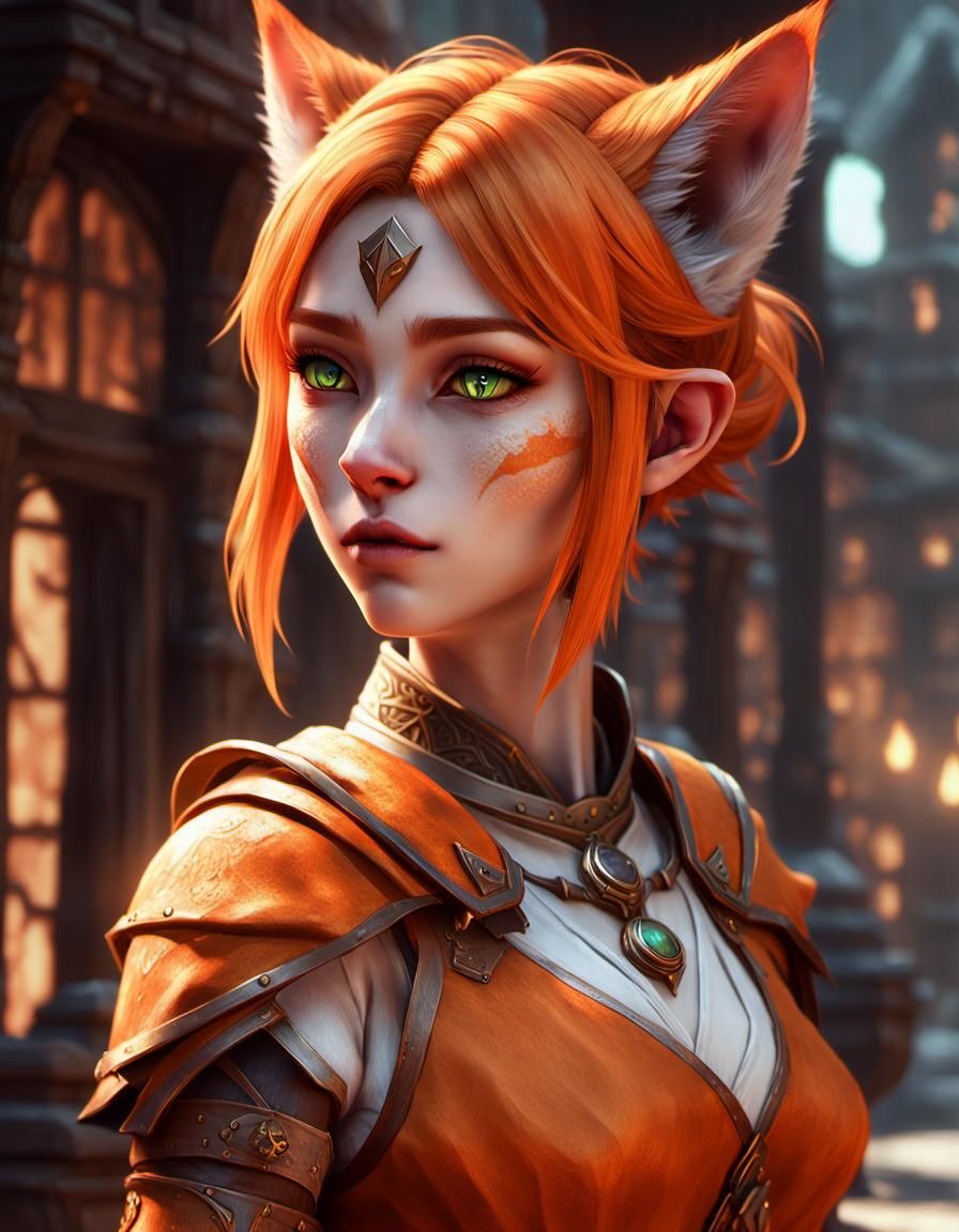 cat girl, orange tabaxi, cute, beautiful, shy, autistic, nervous, dungeons and dragons, fantasy, gritty aesthetic, hyper...