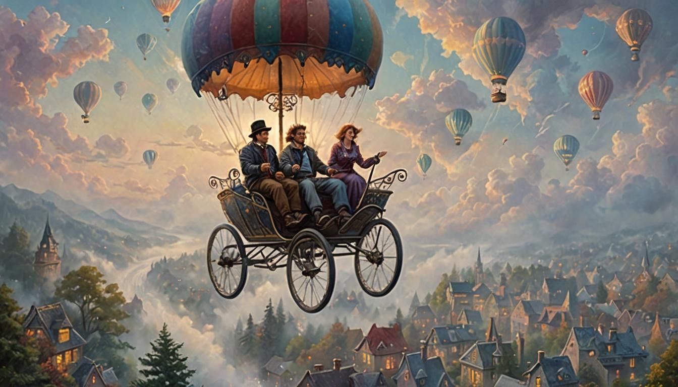 Friends on a Flying Bicycle in Ethereal Fantasy