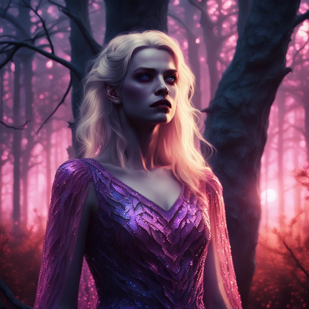 Blonde Vampire in Sequin Dress in Misty Forest