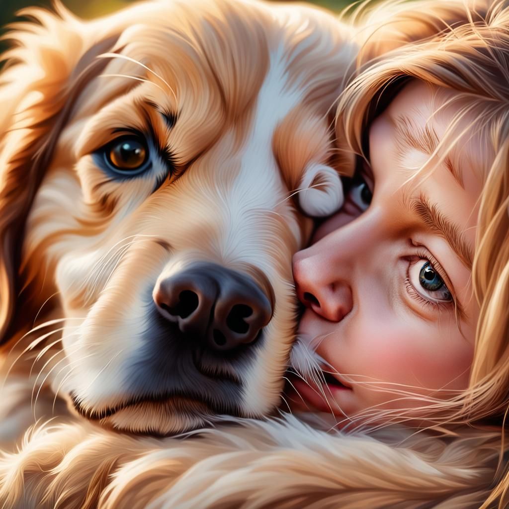 Golden Retriever Puppy's Affection: Oil Painting Portrait
