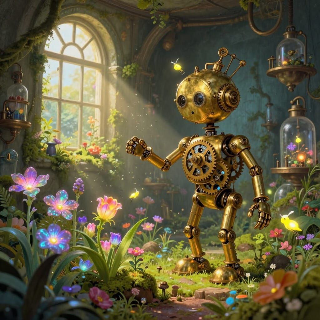 Steampunk Automaton Tends Enchanted Garden in Mossy Lab