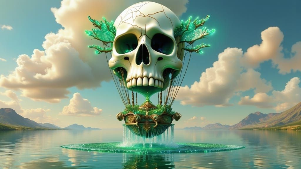 Surrealist Hot Air Balloon Descends Over Emerald Lake
