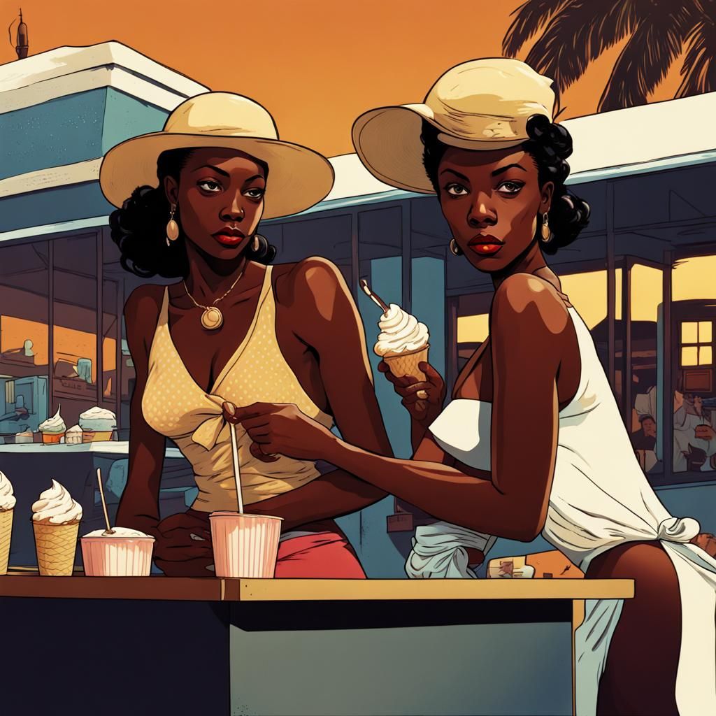 Surreal Beach Scene of African Women Enjoying Ice Cream at N...