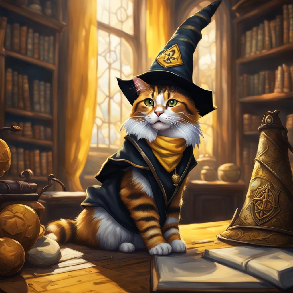 Calico Cat as Hufflepuff Wizard: Hyperrealistic Art